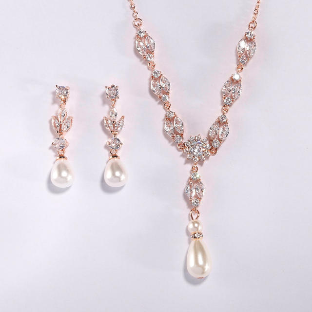 Chic design cubic zircon pearl drop copper necklace set