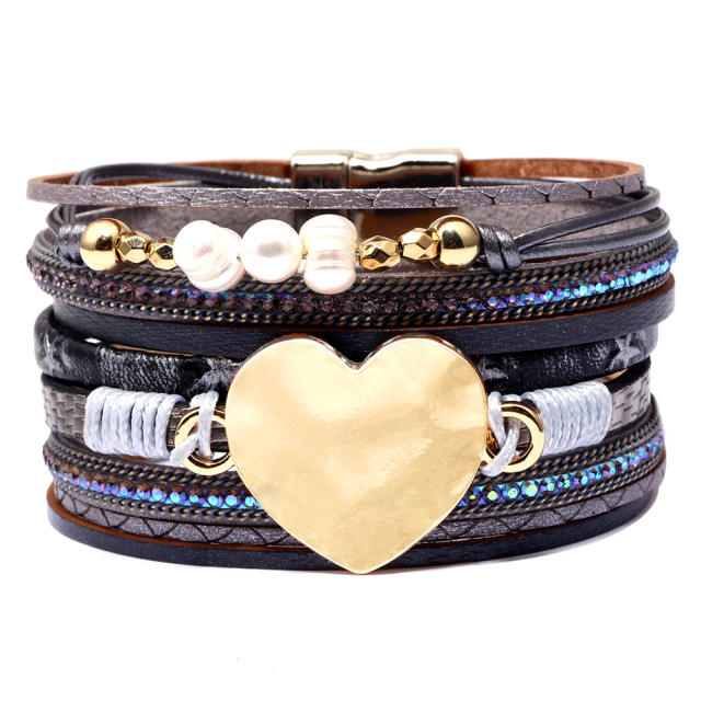 Boho alloy heart pearl beads pu leather magnetic buckle bangle