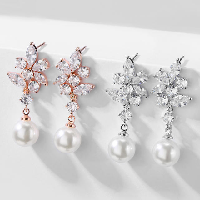 Delicate cubic zircon flower pearl drop earrings