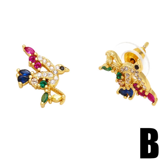 Personality rainbow cubic zircon sun bird copper studs earrings