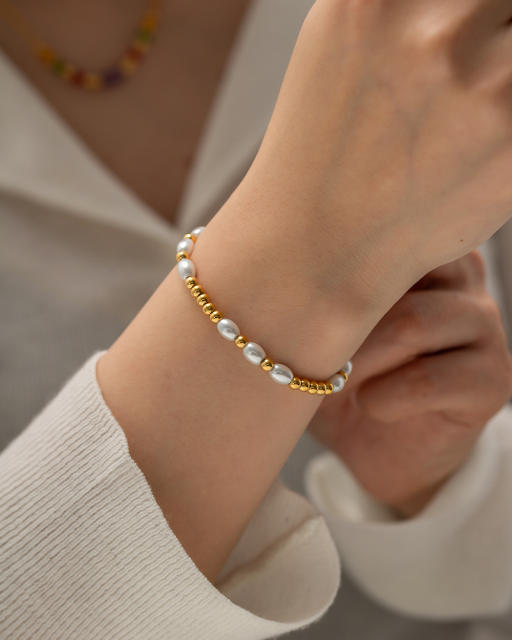 18K glass pearl bead stainless steel bracelet