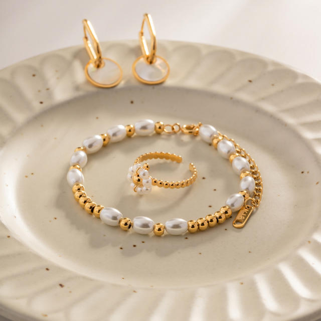 18K glass pearl bead stainless steel bracelet