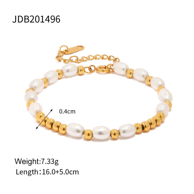 18K glass pearl bead stainless steel bracelet