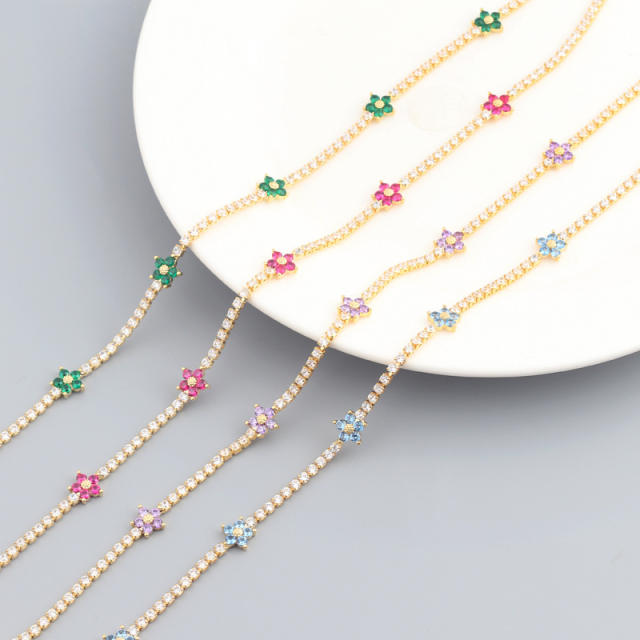 Hot sale color cubic zircon flower copper tennis necklace