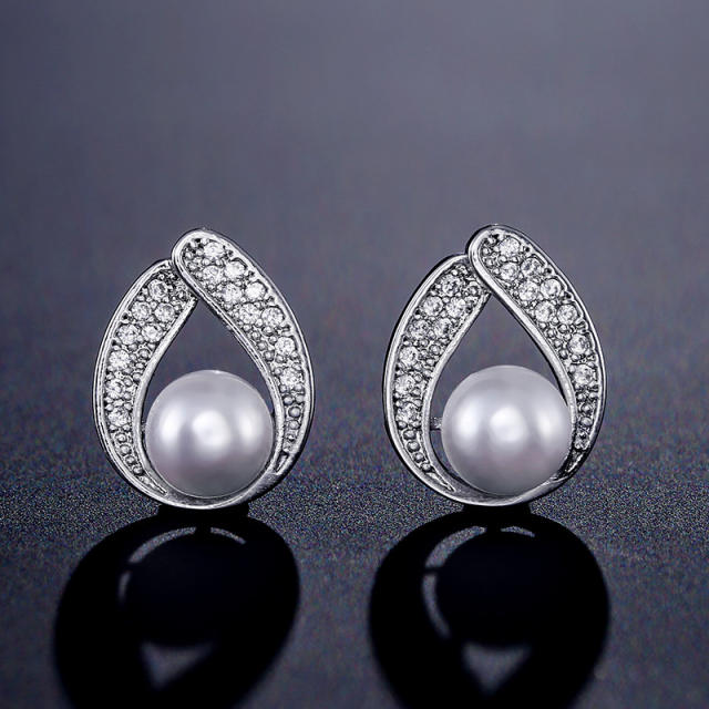 Chic cubic zircon drop shape pearl studs earrings