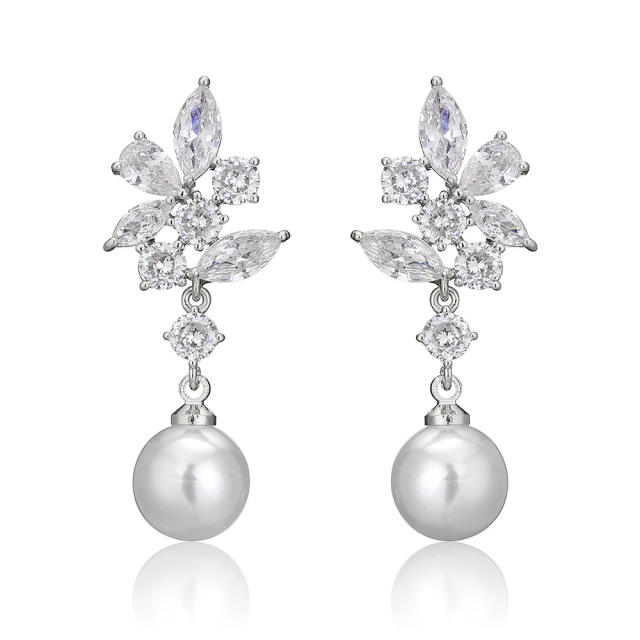 Delicate cubic zircon flower pearl drop earrings