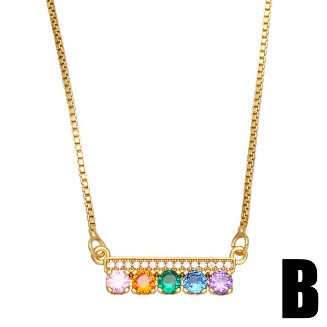 Rainbow cubic zircon hasma heart bar copper necklace
