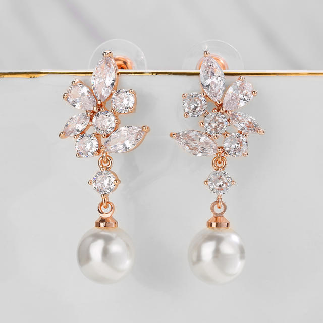 Delicate cubic zircon flower pearl drop earrings