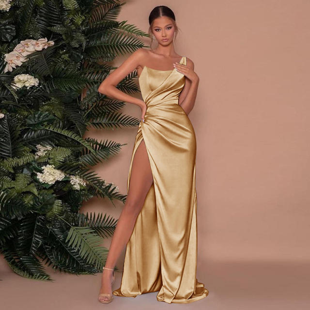 One shoulder gold color satin corset maxi dress