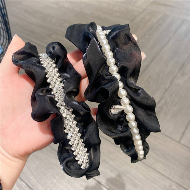 Eleagnt black color rhinestone pearl beads scrunchies headband