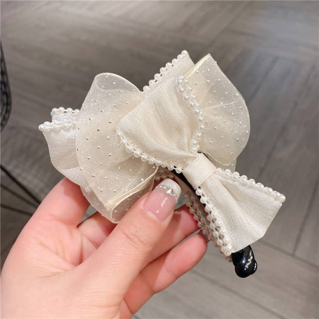 Elegant pearl beads fabric bow banana clips