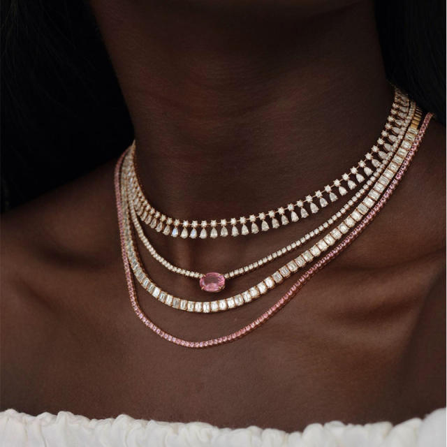 Sweet pink color cubic zircon copper choker necklace