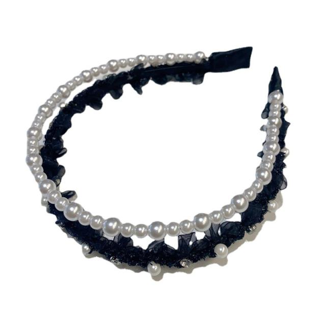 Vintage two layer pearl beads mesh headband