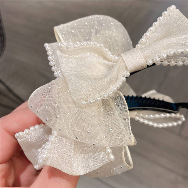 Elegant pearl beads fabric bow banana clips