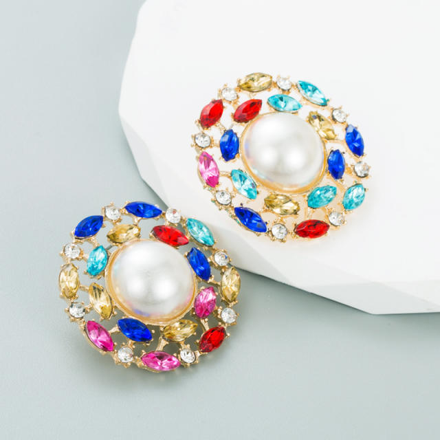 Vintage color glass crystal pearl statement studs earrings