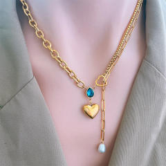Blue drop cubic zircon heart charm stainless steel necklace