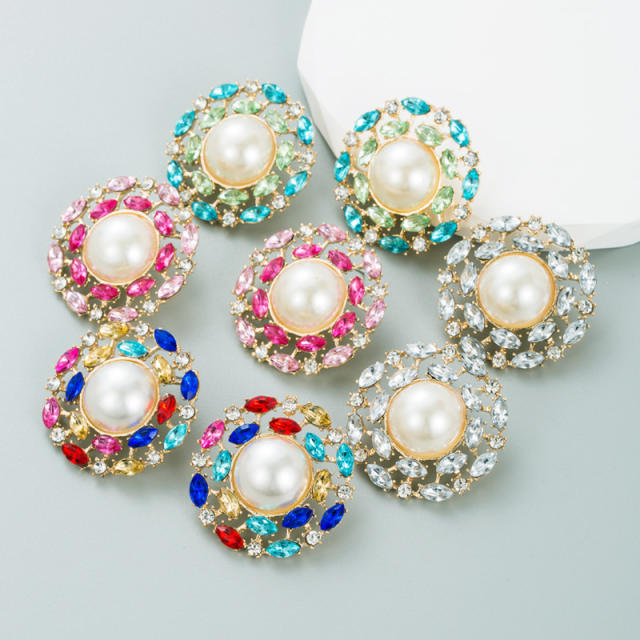 Vintage color glass crystal pearl statement studs earrings