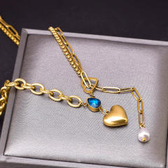 Blue drop cubic zircon heart charm stainless steel necklace