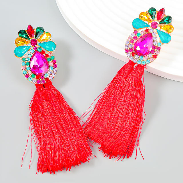 Boho colorful rope tassel glass crystal statement earrings