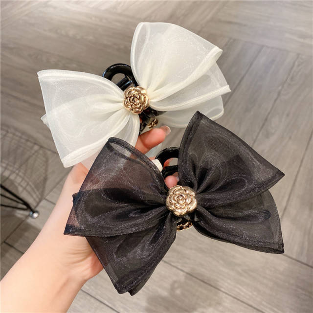 Large size plain color organza bow hair claw clips
