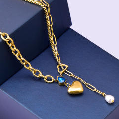 Blue drop cubic zircon heart charm stainless steel necklace