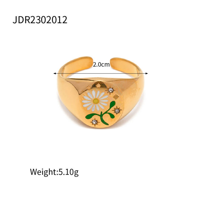 Ins enamel daisy flower stainless steel signet rings