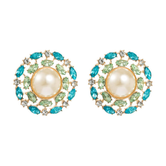 Vintage color glass crystal pearl statement studs earrings