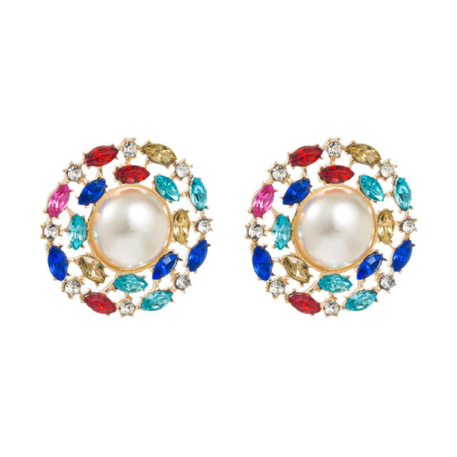 Vintage color glass crystal pearl statement studs earrings