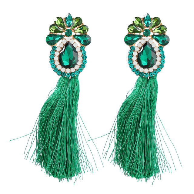Boho colorful rope tassel glass crystal statement earrings