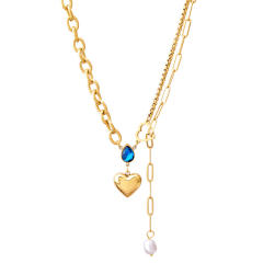 Blue drop cubic zircon heart charm stainless steel necklace