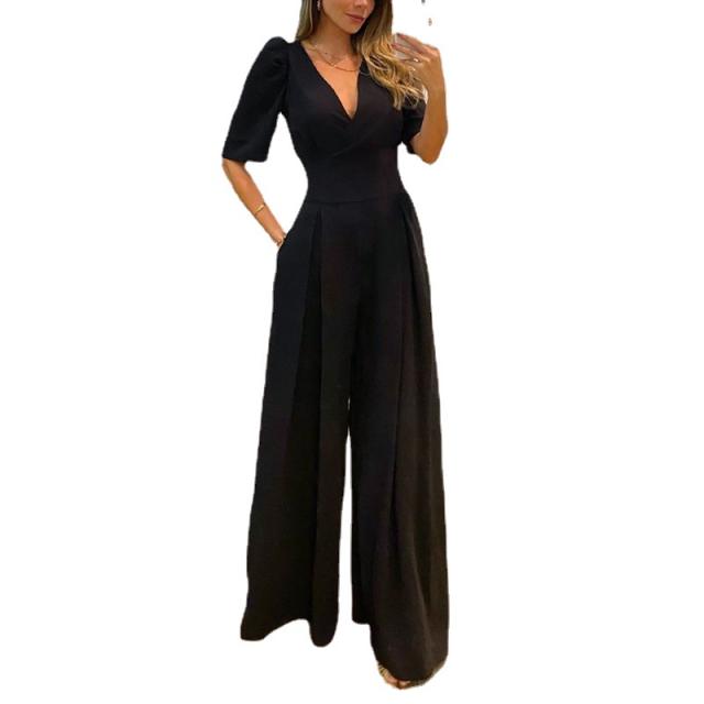 Elegant plain color V neck jumpsuit