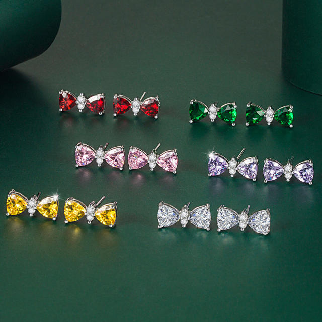 Sweet color cubic zircon bow studs earrings