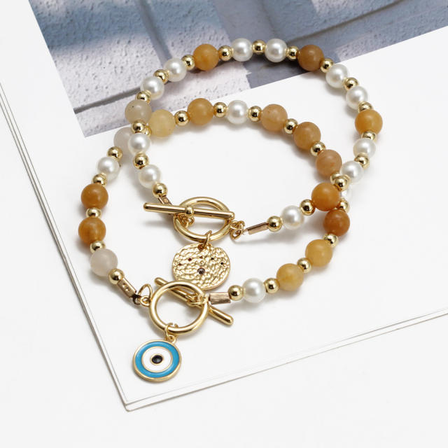 Boho natural stone pearl bead toggle evil eye bracelet