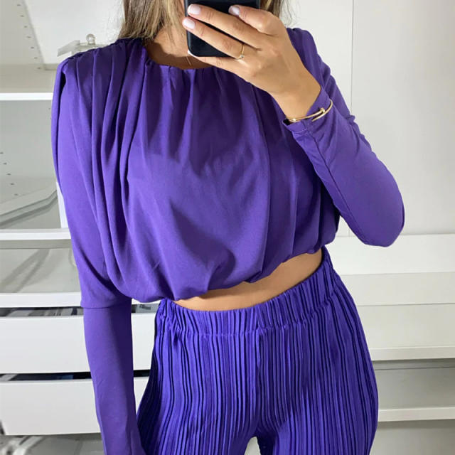 Plain color long sleeve crop tops pants set