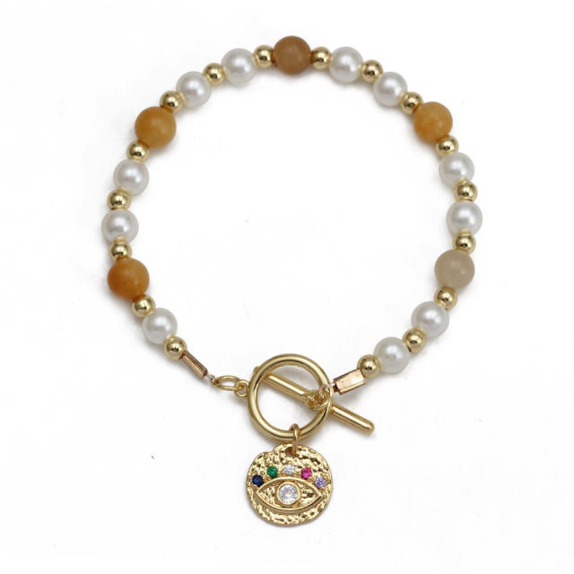 Boho natural stone pearl bead toggle evil eye bracelet