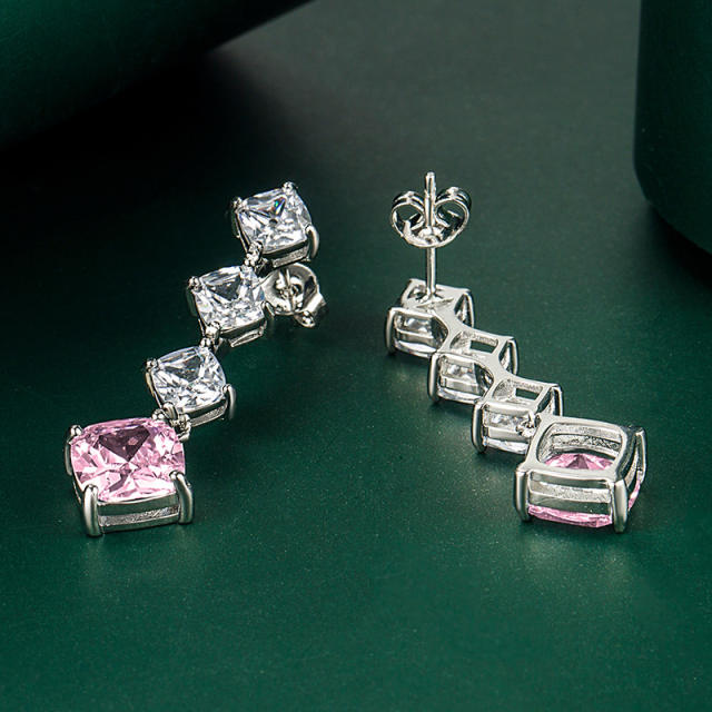 925 needle princess cut cubic zircon copper earrings