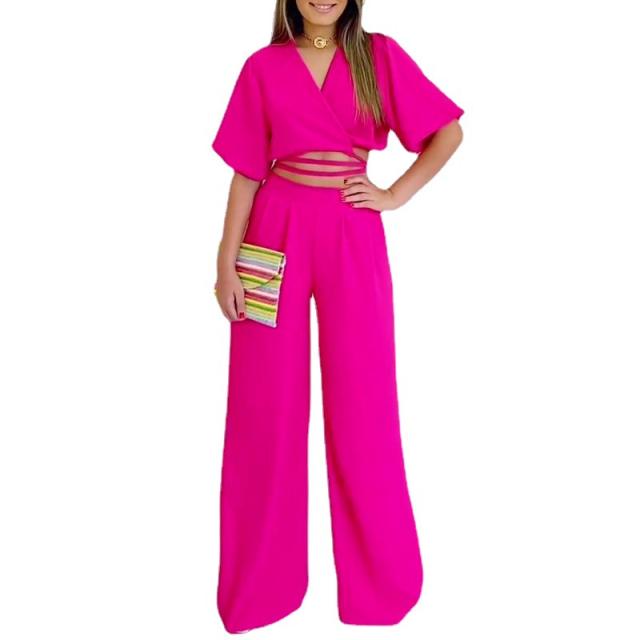 Summer design plain color V neck crop tops pants set