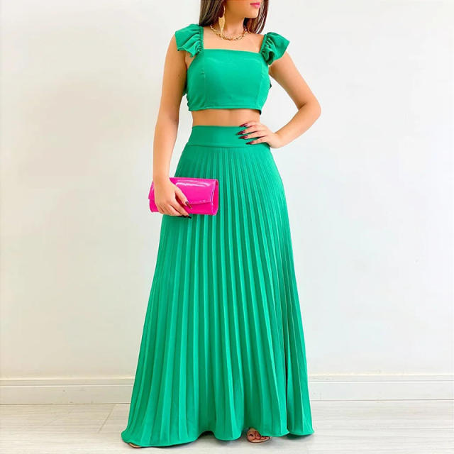 Summer design plain color maxi skirt crop tops set