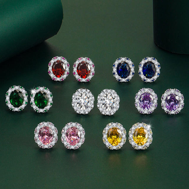 Oval cut color cubic zircon luxury copper studs earrings