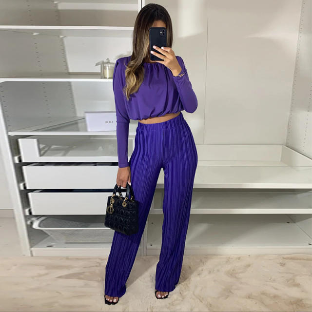 Plain color long sleeve crop tops pants set