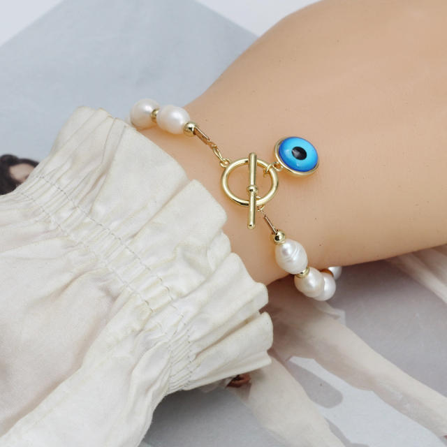 Boho natural stone pearl beads toggle evil eye bracelet