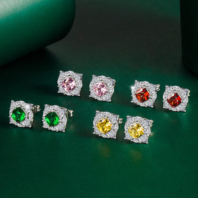 925 needle classic color cubic zircon square copper studs earrings
