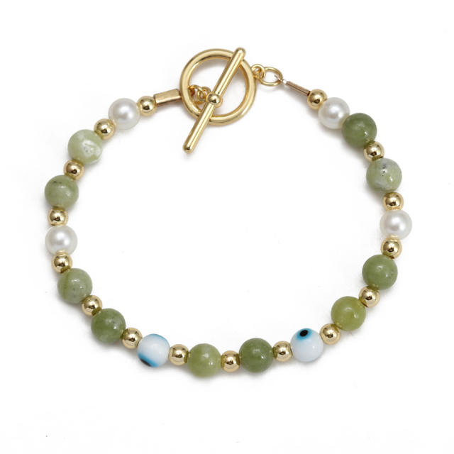 Boho natural stone pearl beads toggle evil eye bracelet