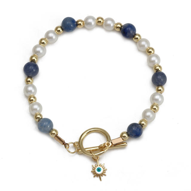 Boho natural stone pearl bead toggle evil eye bracelet