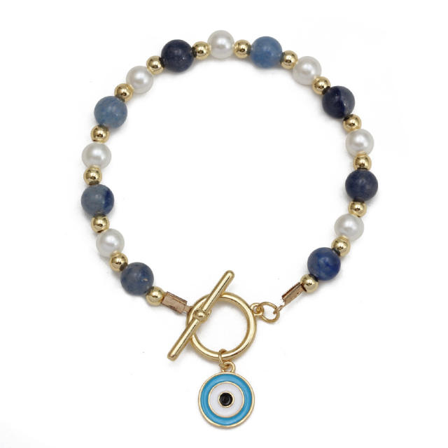 Boho natural stone pearl bead toggle evil eye bracelet