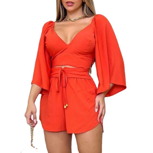 Summer design V neck crop tops shorts set