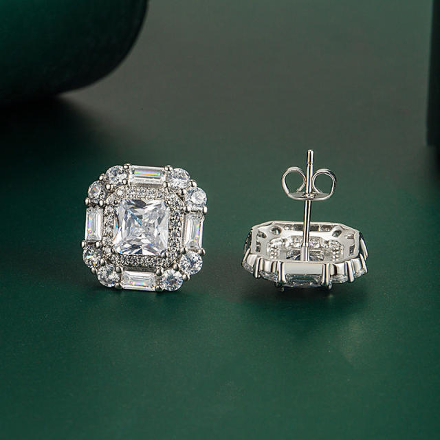 925 needle dlicate princess cut cubic zircon copper studs earrings