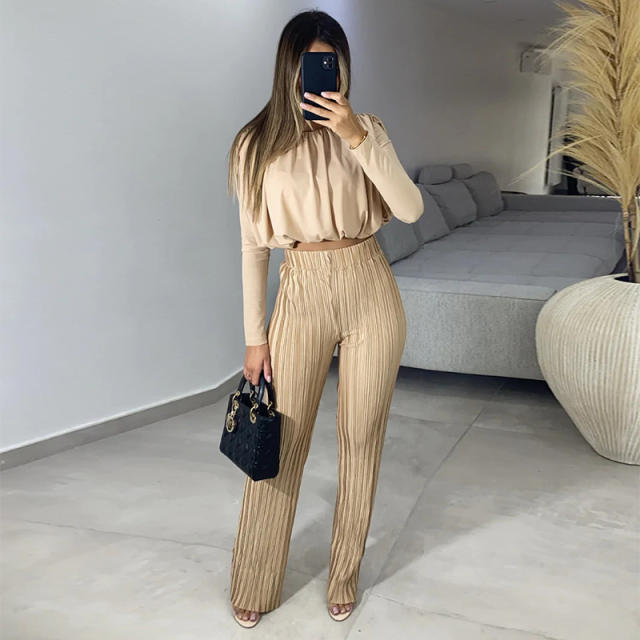 Plain color long sleeve crop tops pants set