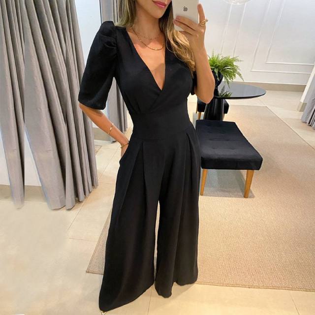 Elegant plain color V neck jumpsuit