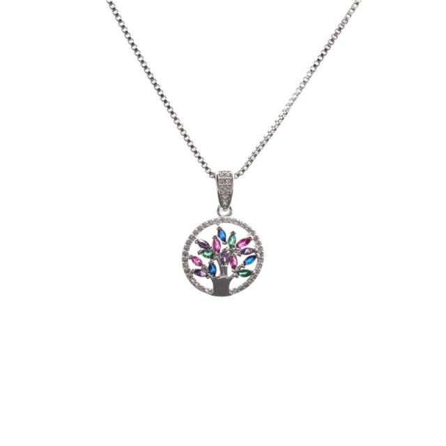 Classic rainbow cubic zircon life tree pendant copper necklace